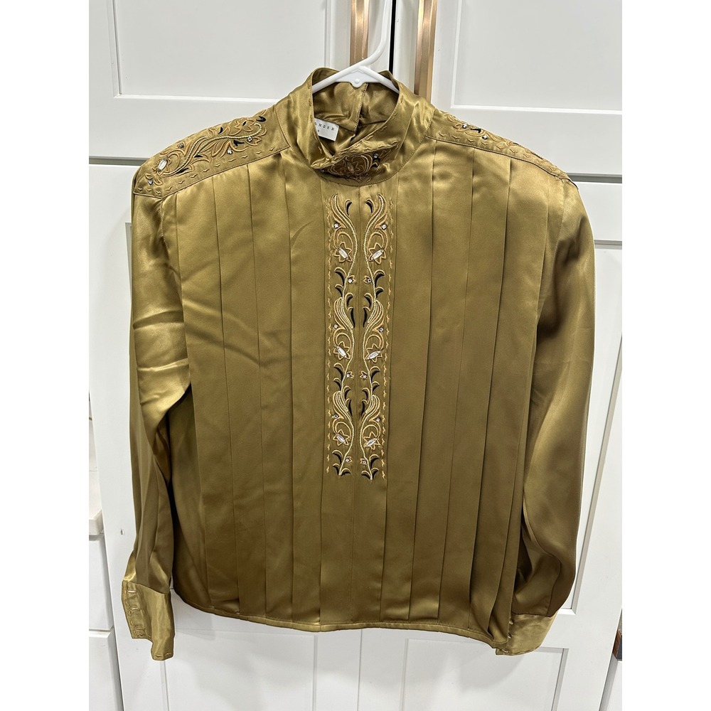 Paul Alexander Silk Blouse Gold Embroidered Beaded Mock Neck Vintage Top 8